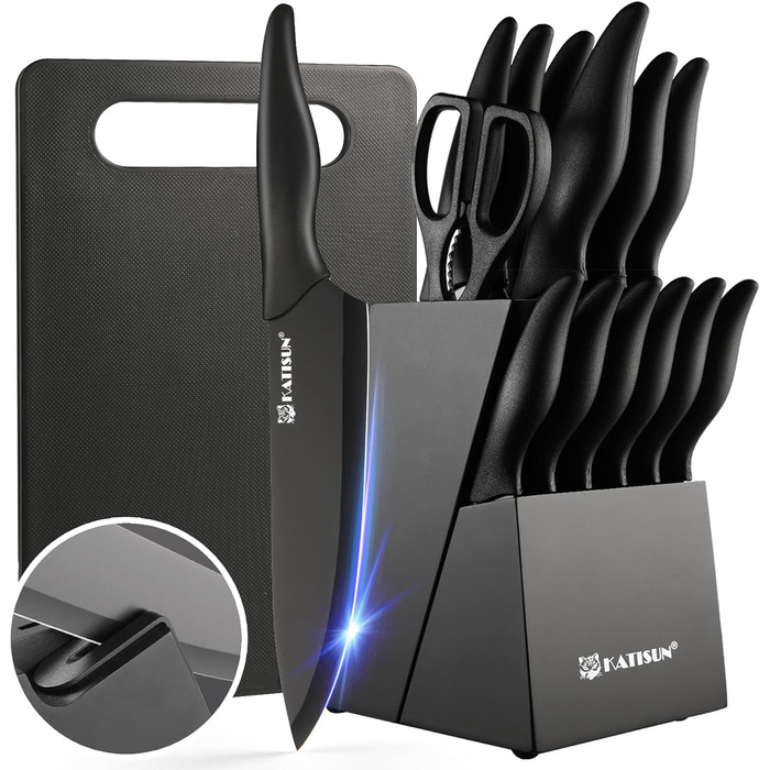 KATISUN 16-Piece Japanese Steel Knife Set with Block - Includes Sharpener, Cutting Board & Kitchen Shears - Dishwasher Safe
