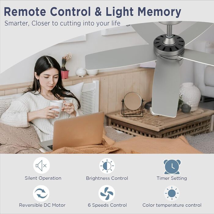 Стеляний вентилятор 91 см для маленьких кімнат: сучасний вентилятор з регульованим освітленням та дистанційним керуванням – реверсивний, тихий, з 6 швидкостями для маленьких спалень - 230V бронза+горіх