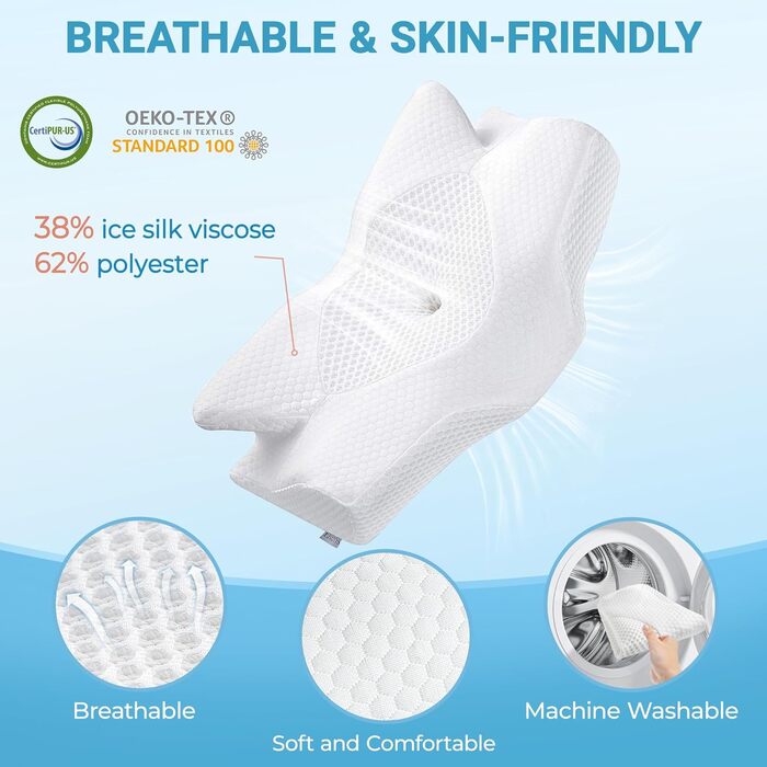 Ортопедична подушка Elviros для шиї з Memory Foam, 54x11/9x33 см, срібно-сіра. Підтримка шиї та плечей, знімний чохол, ергономічна форма.