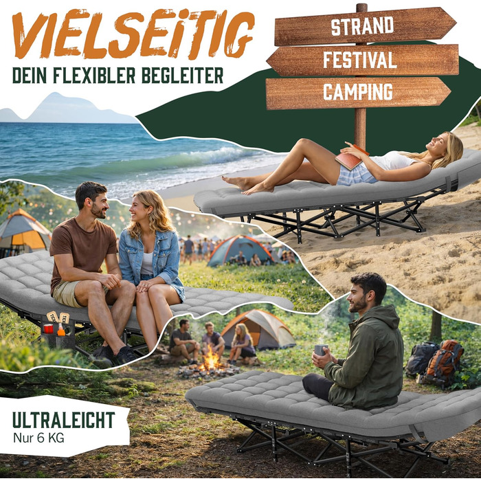 Ліжко кемпінгове розкладне ELONEO NEU Преміум сіре до 200 кг з сумкою для транспортування та бічними кишенями