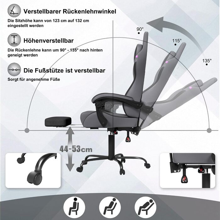Ігрове крісло FIVMEN Ergonomic Gaming Chair з масажним подушкою, підніжкою та підголівником, ергономічний офісний стілець для геймерів (Сірий/Фіолетовий)