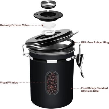 Контейнер для кави Rocky & Chao 1.8L з нержавіючої сталі, герметичний, для кавових зерен, чаю, горіхів, какао (Чорний)