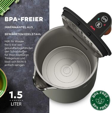 BALTER Stainless Steel Kettle with Temperature Setting, 45°C-100°C, Double-Walled, BPA-Free, Quiet & Cordless, Keep Warm Function, Tea Kettle with Temperature Display, 1.5L, 2200W, Black (Titanium Gray)