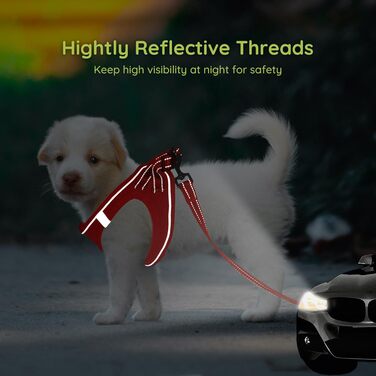 Шлейка для собак BELLA & PAL для маленьких собак з повідком, Step-in шлейка з Air Mesh, анти-тяга, світловідбиваюча, дихаюча, для цуценят, котів, червона, XS (30-35 см обхват грудей)