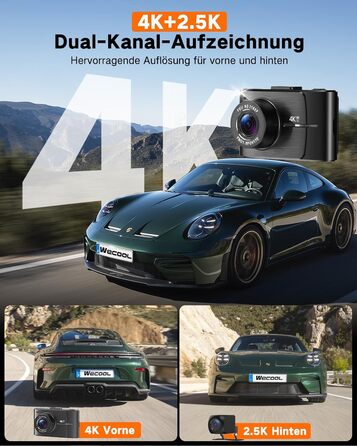 Автомобільний відеореєстратор Wecool 4K+2.5K (передній та задній), 2 канали, кут 170°+150°, 64GB SD-карта, 5GHz WiFi, нічна зйомка, G-сенсор, циклічний запис, цілодобовий моніторинг паркування