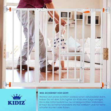 Захисне ворота KIDIZ для котів з люком, без свердління, для дітей, біле | 90° фіксація, поворотне, ширина: 88-101 см, помаранчевий