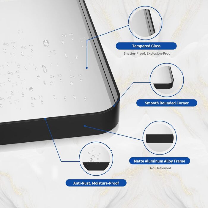 Дзеркало для ванної кімнати WEER, 61x81 см, чорний металевий каркас, матове скло, закруглені кути