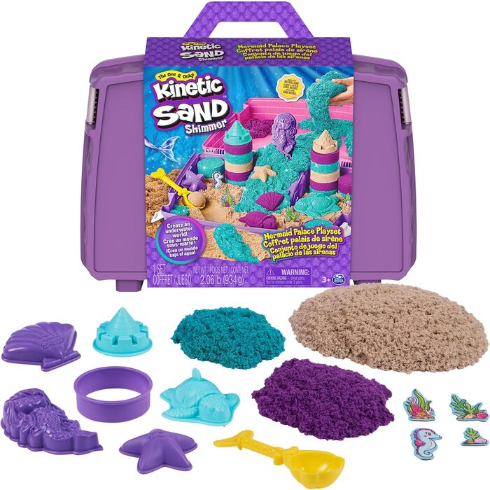 Kinetic Sand Mermaid Suitcase - with 1 kg of original kinetic sand from Sweden in 3 colors, 6 molds, 1 shovel for creative indoor sand play, for children ages 3 and up.
