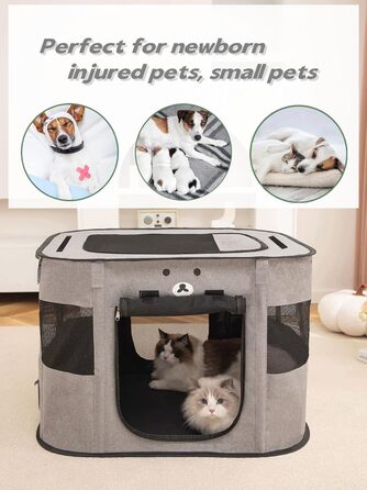 Portable Dog House & Pet Pen - 90x70x60cm Foldable Playpen for Dogs, Cats & Puppies - Enclosed Pet Tent (Gray)