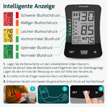 Цифровий тонометр на плече Oberarm з функцією пам'яті, виявлення аритмії та вимірювання пульсу. Підходить для об'ємів плеча 22-42 см. Чорний колір