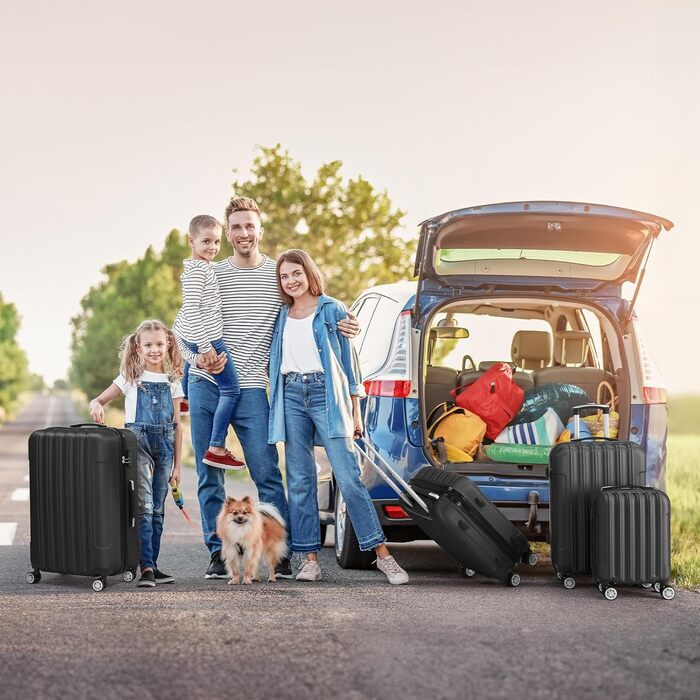 Набір валіз LALAHO 3/4/5 шт. з косметичками, чорний, ABS пластик