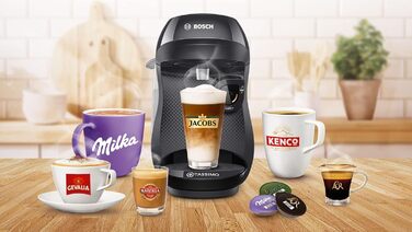 Кавомашина Tassimo Happy TAS1002N від Bosch: понад 70 напоїв, автоматична, для будь-яких чашок, компактна, 1400 Вт, чорний/антрацит