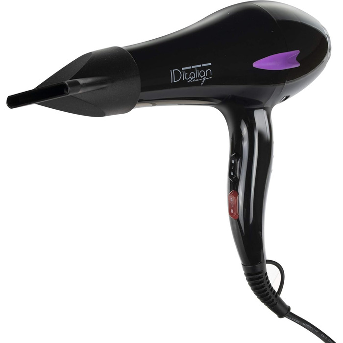 Професійний фен для волосся ID Italian Design з насадкою для укладки, 2200W, 3 температурні та 2 швидкості, матовий чорний