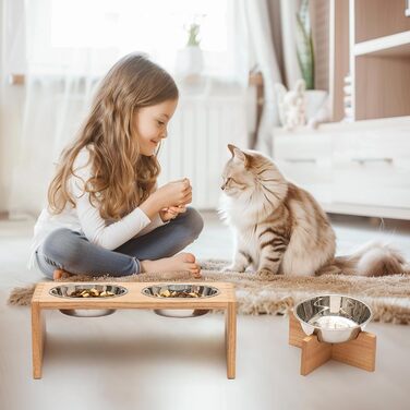 Підвищені годівниці для котів та собак KIRIGEN - дерев'яна станція для годування з 3 знімними мисками з нержавіючої сталі, годівниця для котів та дрібних тварин, натуральний колір