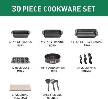 Kitchen Academy 30-Piece Induction Cookware Set with Glass Lids and Granit Coating, including Frying Pans and Pots (Black)
