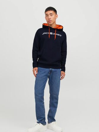 Чоловічий худі JACK & JONES з капюшоном та кишенею, Regular Fit, колір Shocking Orange/Navy Blazer, розмір XS