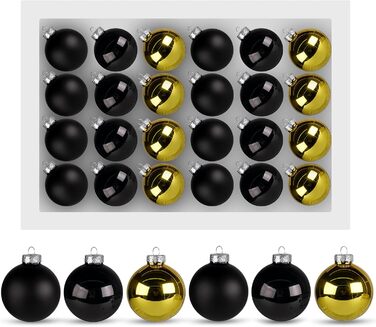 Набір ялинкових прикрас Hengsong - 24 чорні скляні кулі з золотом, 6 см