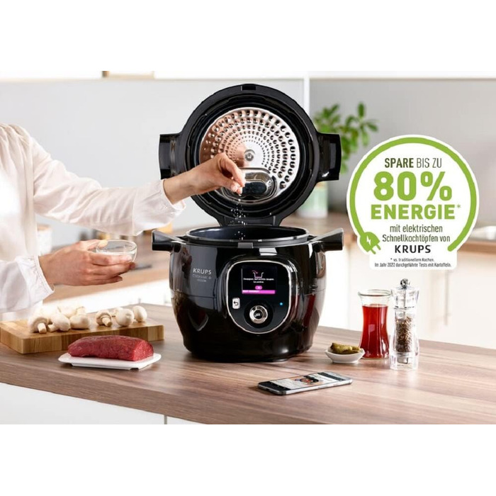 Krups CZ7158 Cook4Me+ Connect Multicooker | 1600 Watt | Electric Pressure Cooker | Includes Free App | Bluetooth Control | 4 Liter Capacity | Black/Chrome