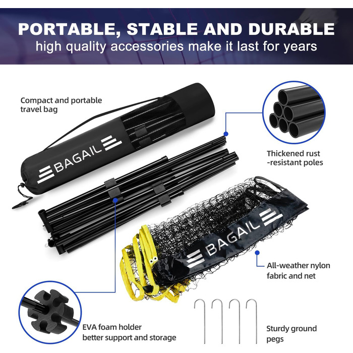 BAGAIL Portable Badminton Net Set - Adjustable Height, 4.2M, Yellow/Black - for Badminton, Tennis, Volleyball