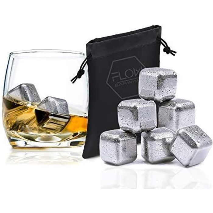 6 штук кубиків льоду з нержавіючої сталі, багаторазові кубики для віскі, металеві кубики льоду, охолоджувальні камені для скотчу, віскі від FLOW Barware