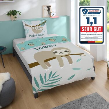 Дитяча постільна білизна Kinderbettwäsche Set: комплект 2 шт. з тваринами та глобусом. Декоративна ковдра 135x200 см + подушка 80x80 см, блискавка. Підходить для хлопчиків та дівчаток, 100% бавовна, ренфорсе, гіпоалергенна, сертифікат Oeko-Tex (лінивець)