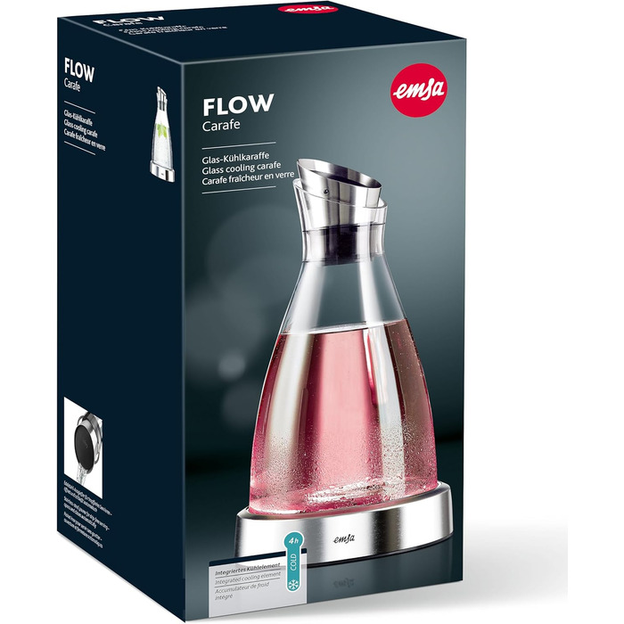 Emsa 505219 Flow Chilling Carafe | Elegant Design | Cooling performance for 4h | Cooling pad | Glass and stainless steel | Transparent | 1 Liter, 14 x 14 x 30 cm