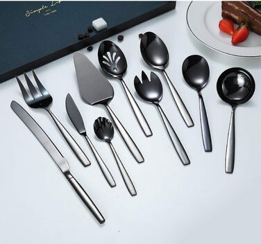 Berglander Black Silverware Serving Set, 10-Piece, Stainless Steel Cutlery Serving Set with Black Titanium Coating, Serving Spoon, Silver Serving Utensil, Rustproof, Lead-Free (10 Pieces)