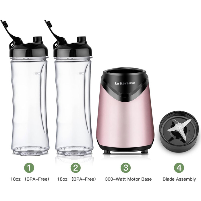Блендер La Rêveuse Mix&Go: компактний ручний блендер з пляшками 550 мл, рожевий (300 Вт)