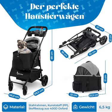 Візок для собак до 10 кг, візок для маленьких собак, складний з QuickFold, візок для котів сірого кольору