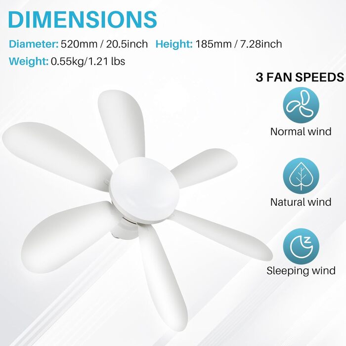 OKYUK Стеля-вентилятор з підсвічуванням, тихий, з пультом керування, регулювання кольору, E26/E27, 48 см, білий