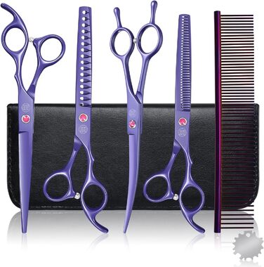 Професійний набір ножиць для грумінгу собак Moontay 7 дюймів: ножиці для грумінгу, випрямні, зігнуті, для розрідження, фіолетовий