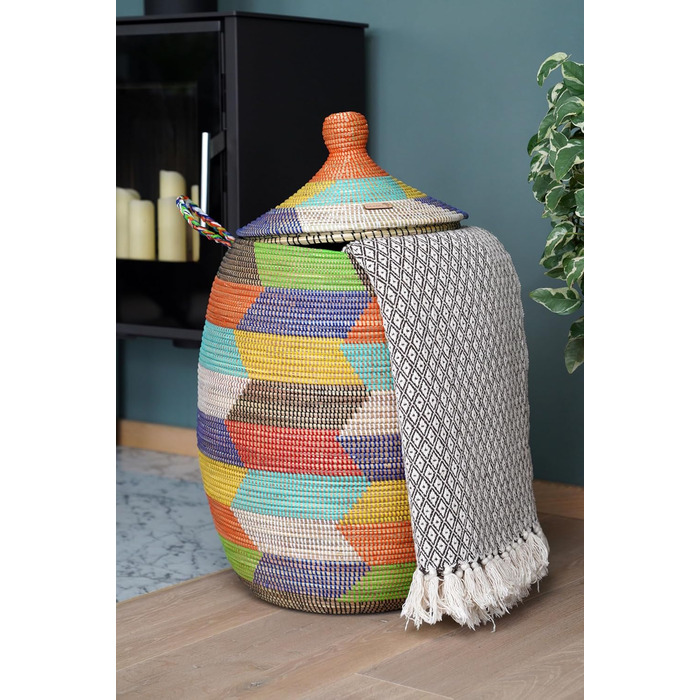 YAADU Laundry Basket with Lid 100L - XXL Laundry Collector, Large Laundry Basket, Laundry Container, Laundry Bin, Basket with Lid, Laundry Boxes, African Basket, Ubuntu Model (Colorful)