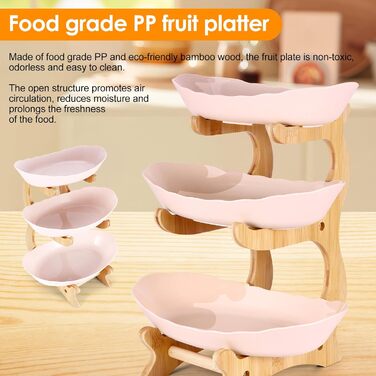 DEECOZY Трирівнева етажерка для фруктів та овочів з бамбуковим підставкою, пластикова фруктова миска, економія місця, для сім'ї, сучасний дизайн (Білий, Бежевий)