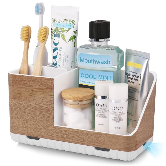 Тримач для зубних щіток у ванну кімнату: органайзер з отвором для стоку, для електричних щіток, знімний, дерев'яний