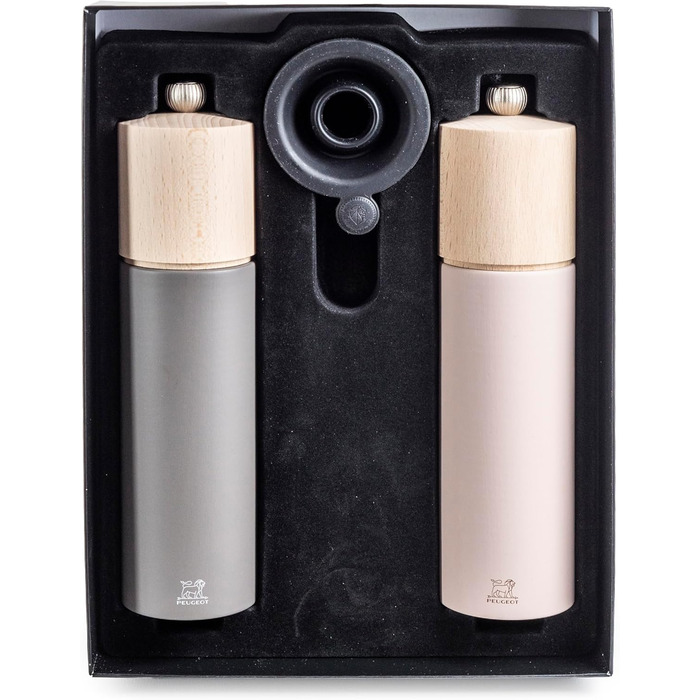 PEUGEOT - Duo Boreal 21 cm Pepper Grinder + Salt Grinder - Stainless Steel Funnel - Classic Setting - PEFC Certified Beechwood - French Know-How - Grey Rock & Pale Pink