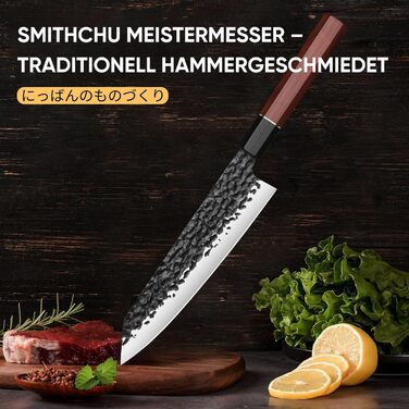 Японський ніж для кухні SMITH CHU Profi – ніж шеф-кухаря з фінішною обробкою молотком, гострі кухонні ножі для м'яса, риби та овочів, високоякісний кухонний ніж у подарунковій коробці (Kiritsuke, 36 см)
