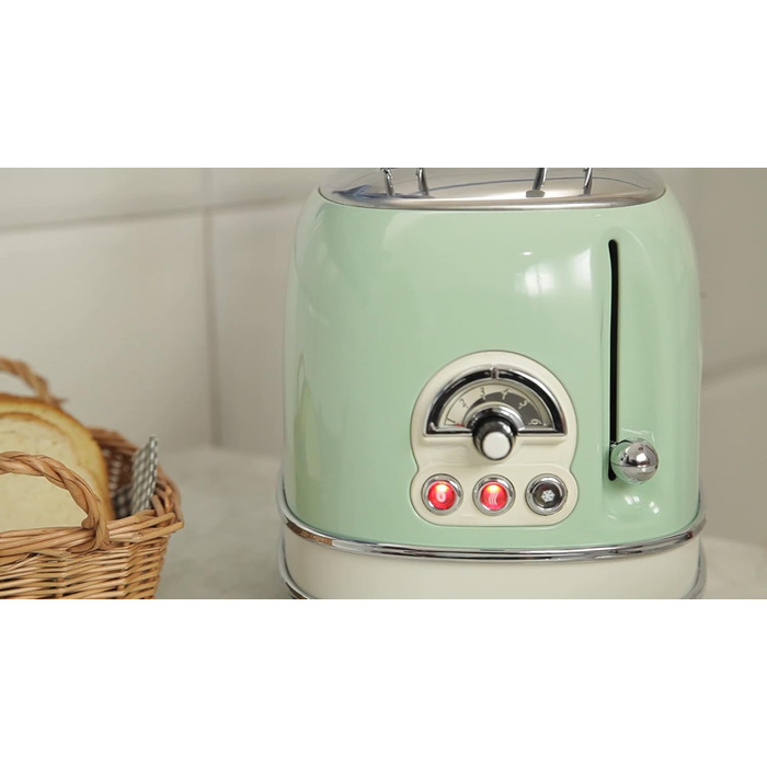 Тостер Ariete Vintage 155, 2-слайсовий, ретро, 6 режимів, автоматичний викид, розморожування, зйомний піддон, нержавіюча сталь, щипці для сендвічів, 810 Вт, зелений