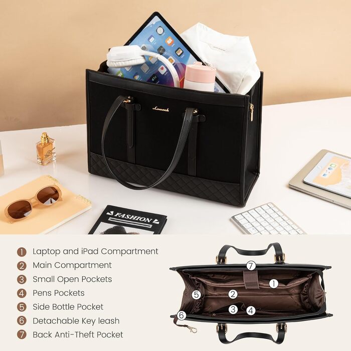 Сумка для ноутбука LOVEVOOK жіноча, робоча сумка для вчительки, ділова сумка середнього розміру 17.3 дюйми, чорна
