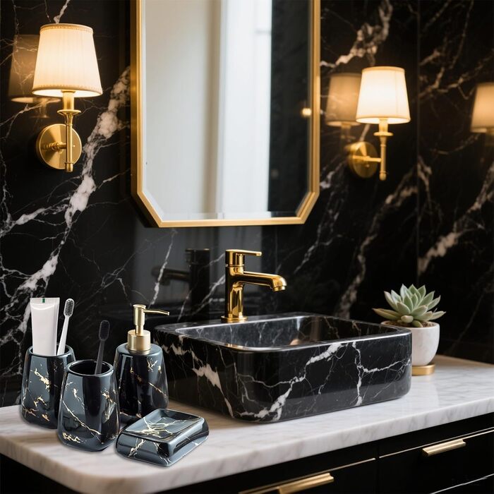 Набір аксесуарів для ванної кімнати XUDREZ: лосіонниця, стаканчик для зубних щіток, мильниця, чорний глянець (3 шт.)