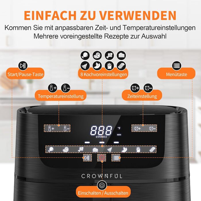 Електрична аерофритюрниця CROWNFUL 6,2 л XXL, 8-в-1, без олії, з LCD-екраном, антипригарний кошик, точне регулювання температури