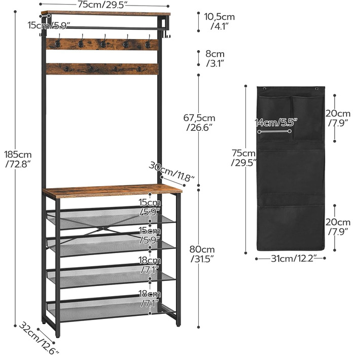 HOOBRO Coat Rack with Shoe Storage, Shoe Shelf with Coat Rack, Clothes Rack with 5-Tier Shoe Storage, Coat Rack with Shoe Cabinet, Adjustable Metal Grid Shelf, Greige EBG75MT01 (Vintage Brown + Black)