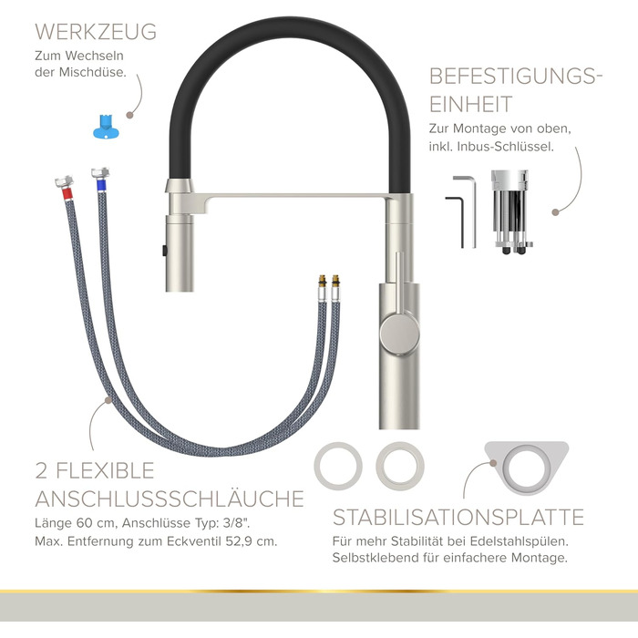 Кухонний змішувач Lenz NALU нікель-матова поверхня, висувна насадка, 2 режими, економія води, антифотковідбиток, монтаж зверху, артикул 46070422