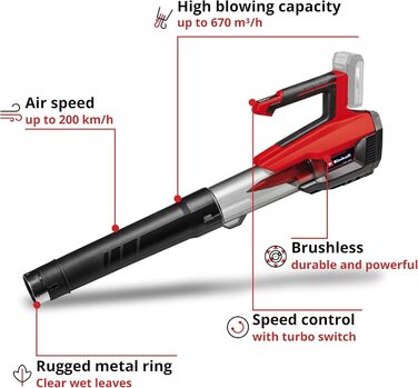 Акумуляторний повітродув Einhell GP-LB 18/200 Li E-Solo Power X-Change, 18В, безщітковий двигун, регулювання обертів, осьова технологія, без акумулятора та зарядного пристрою