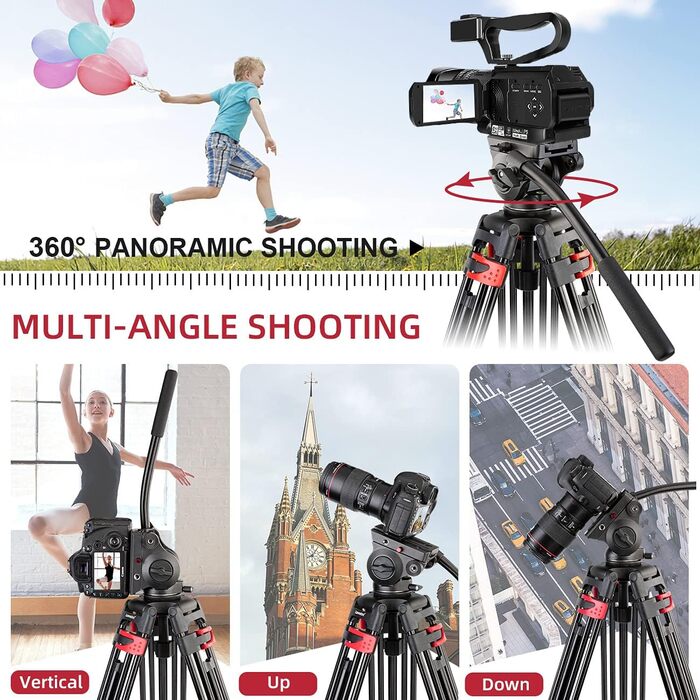 Штатив важкий 183 см, Lusweimi Професійний штатив для відеокамери з алюмінію, 2 швидкісні пластини, 360° Fluid-головка, середній розширювач, Макс. навантаження 7.7 кг