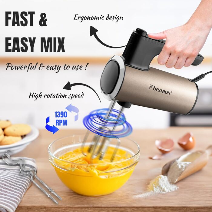 Міксер ручний Bestron Power з 6 швидкостями, Turbo-функцією та LCD-дисплеєм. В комплекті: 2 вінчики та 2 гаки для тіста. Легкий (1 кг), колір: бежевий