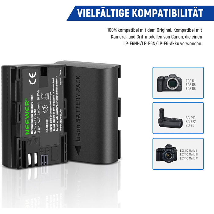 Запасний акумулятор Neewer N для Canon EOS 7D Mark II та інші моделі, 2 шт. 2000mAh, комплект з зарядним пристроєм (LP-E6NH)