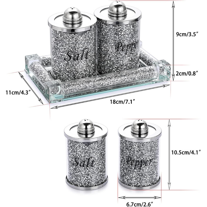 BTSKY Set of 3 Salt and Pepper Shakers with Tray, Crystal Glass, Crushed Diamonds, Salt and Pepper Containers, Storage Jar, Cooking Spice Glass, Kitchen Accessories