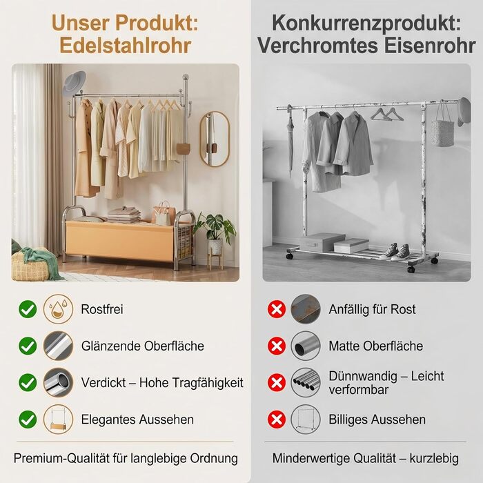 Вішалка для одягу з нержавіючої сталі з кошиком для білизни, міцна, витримує до 115 кг, 3-в-1, для спальні, коридору - UP01