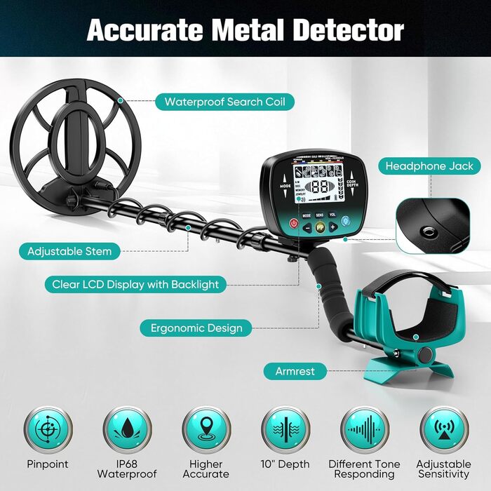 Металодетектор 2025: 5 режимів, водонепроникний (IP68), для дорослих та дітей, з навушниками та лопаткою