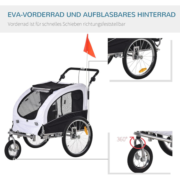 PawHut 2-в-1 Причіп для собак, велосипедний причіп для собак, візок для собак з відбивачами, прапором, причіп для собак PawHut, візок для собак, Oxford-тканина білий/чорний